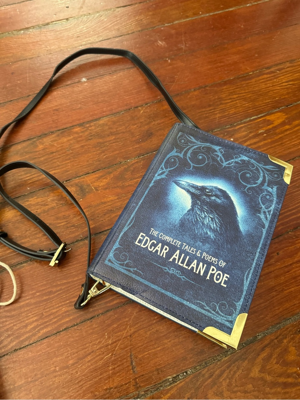 Edgar Allan Poe Inspired Navy Blue Book Crossbody Bag with Gold Corners